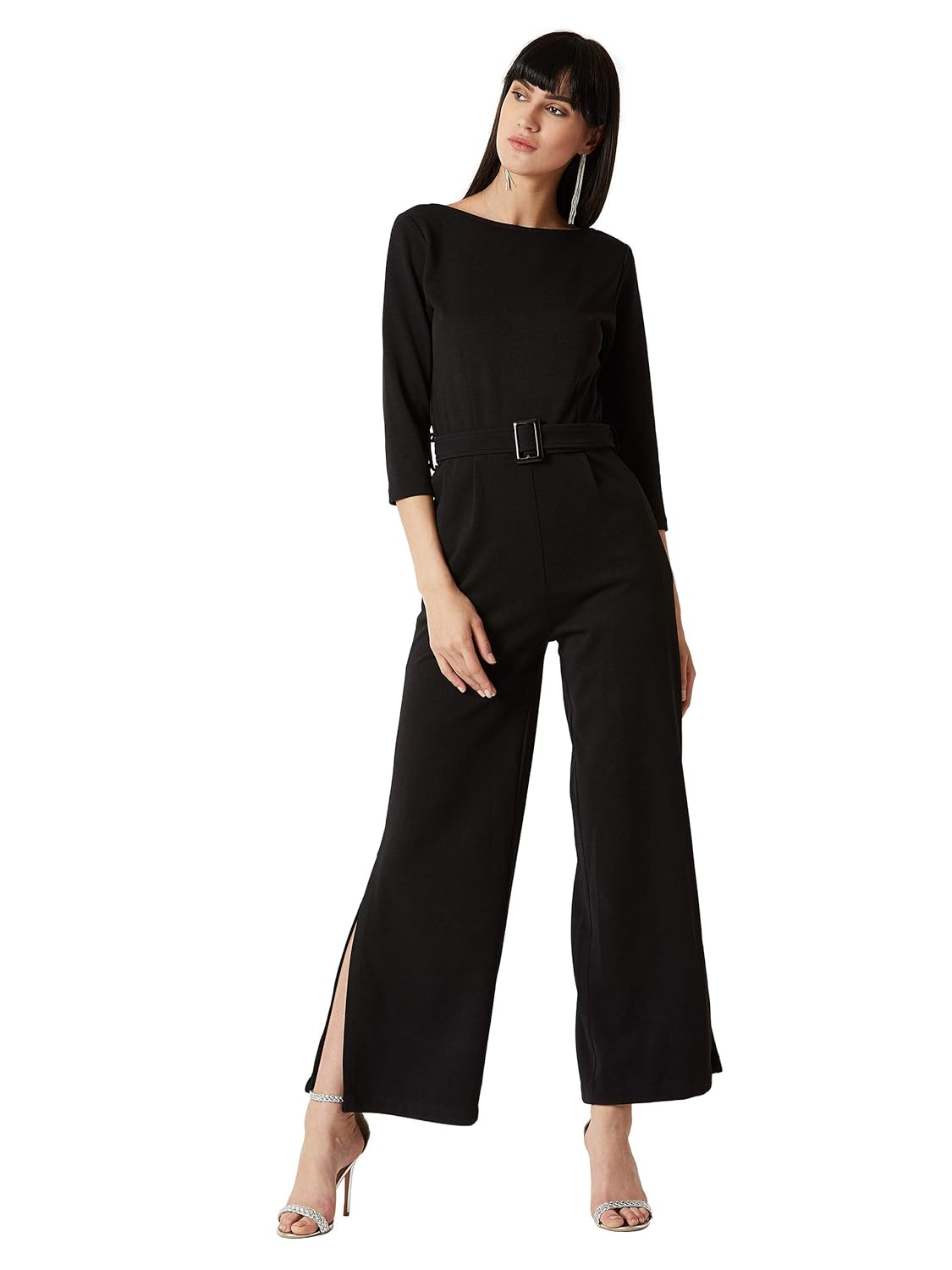Women's Black Round Neck 3/4th Sleeves Solid Belted Wide-Leg Side Slit Jumpsuit
