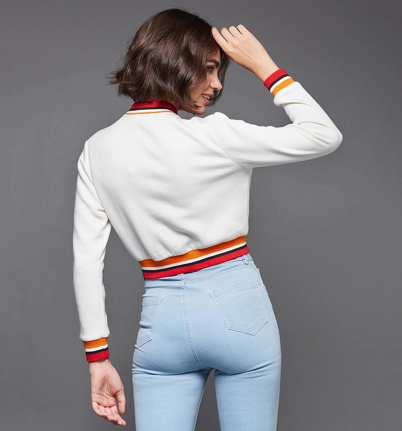 Women's Off White V-Neck Full Sleeves Bomber Cropped Jacket - Image 11