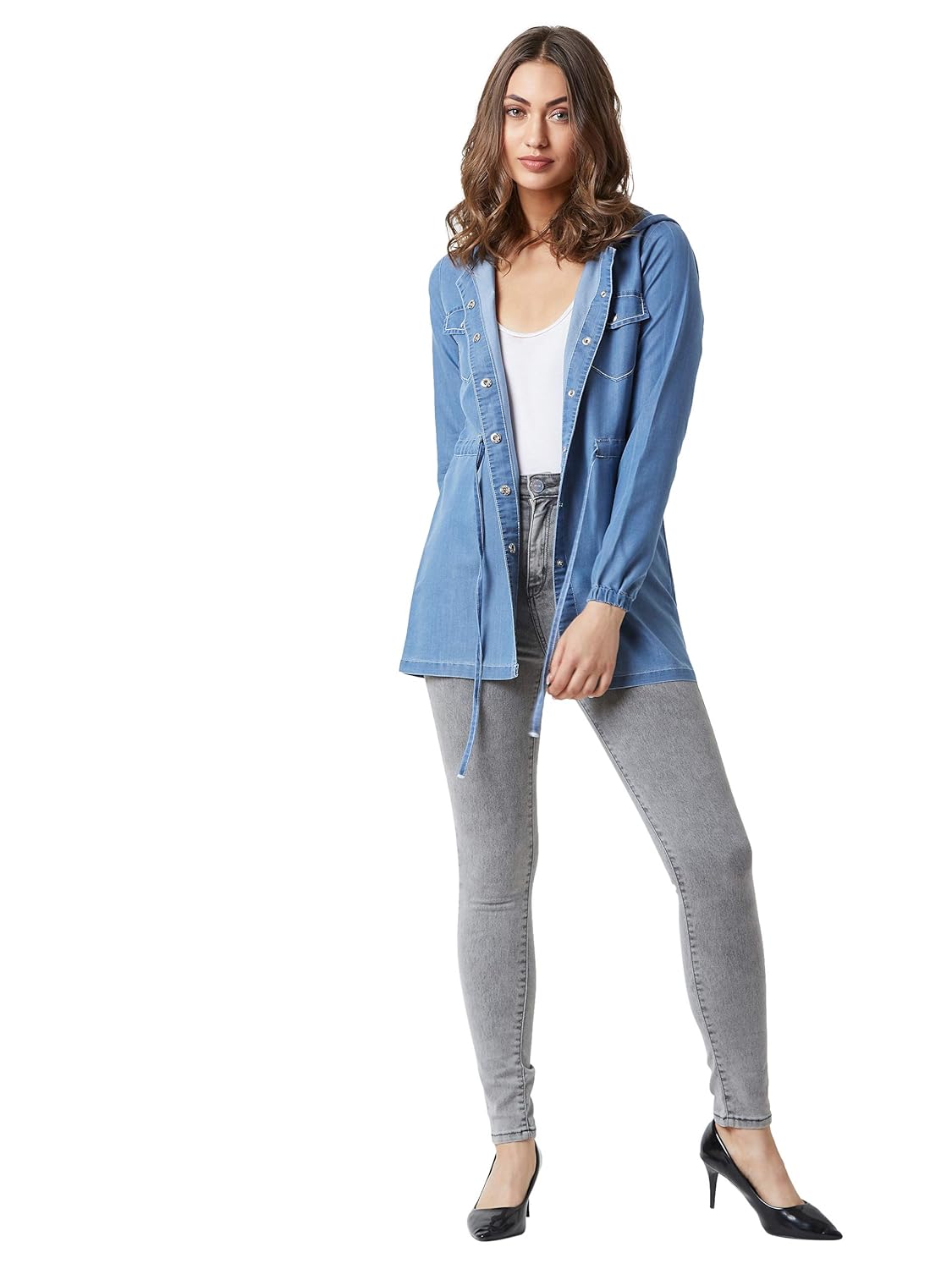 Women's Black Hooded Full Sleeves Solid Tie-Up Detailing Long Denim Jacket - Image 9