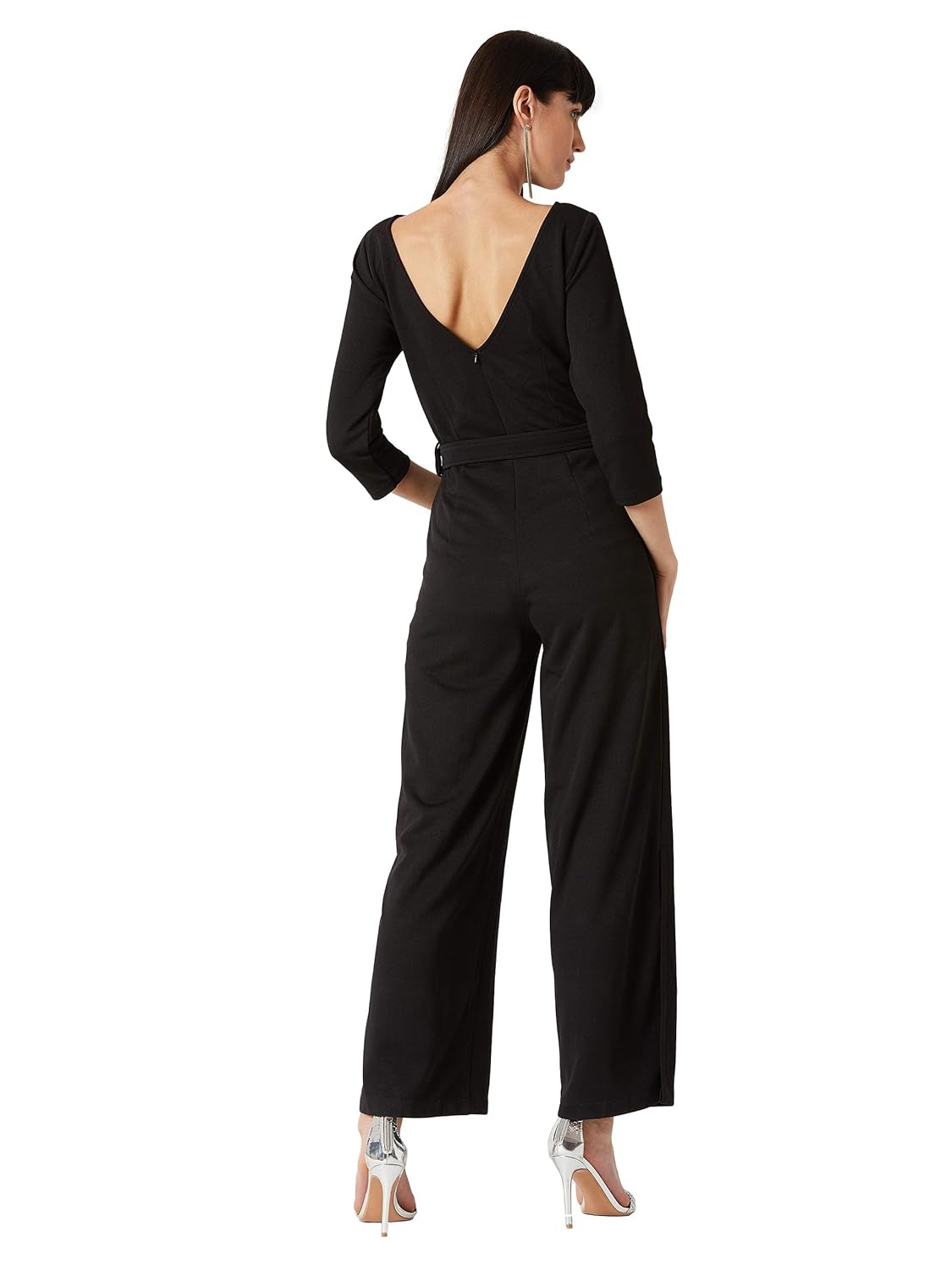 Women's Black Round Neck 3/4th Sleeves Solid Belted Wide-Leg Side Slit Jumpsuit - Image 4