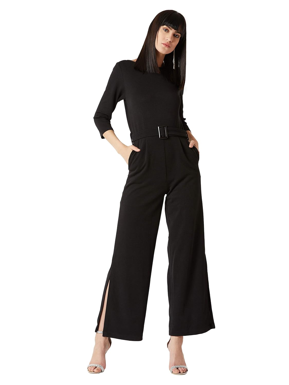 Women's Black Round Neck 3/4th Sleeves Solid Belted Wide-Leg Side Slit Jumpsuit - Image 2