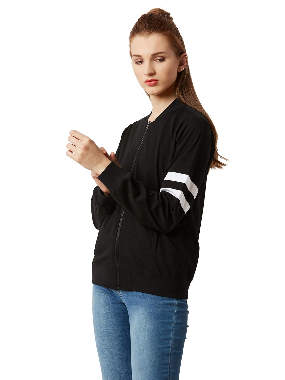 Women's Green Cotton Bomber Jacket - Image 3