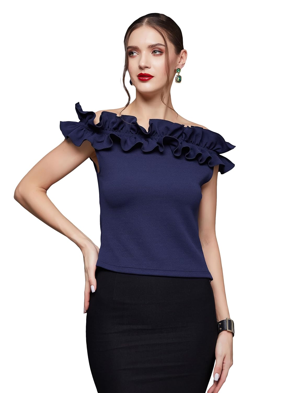 Women's Navy Blue Designer Off Shoulder Sleeveless Solid Slim Fit Ruffled Frilled Gathered Bardot Top