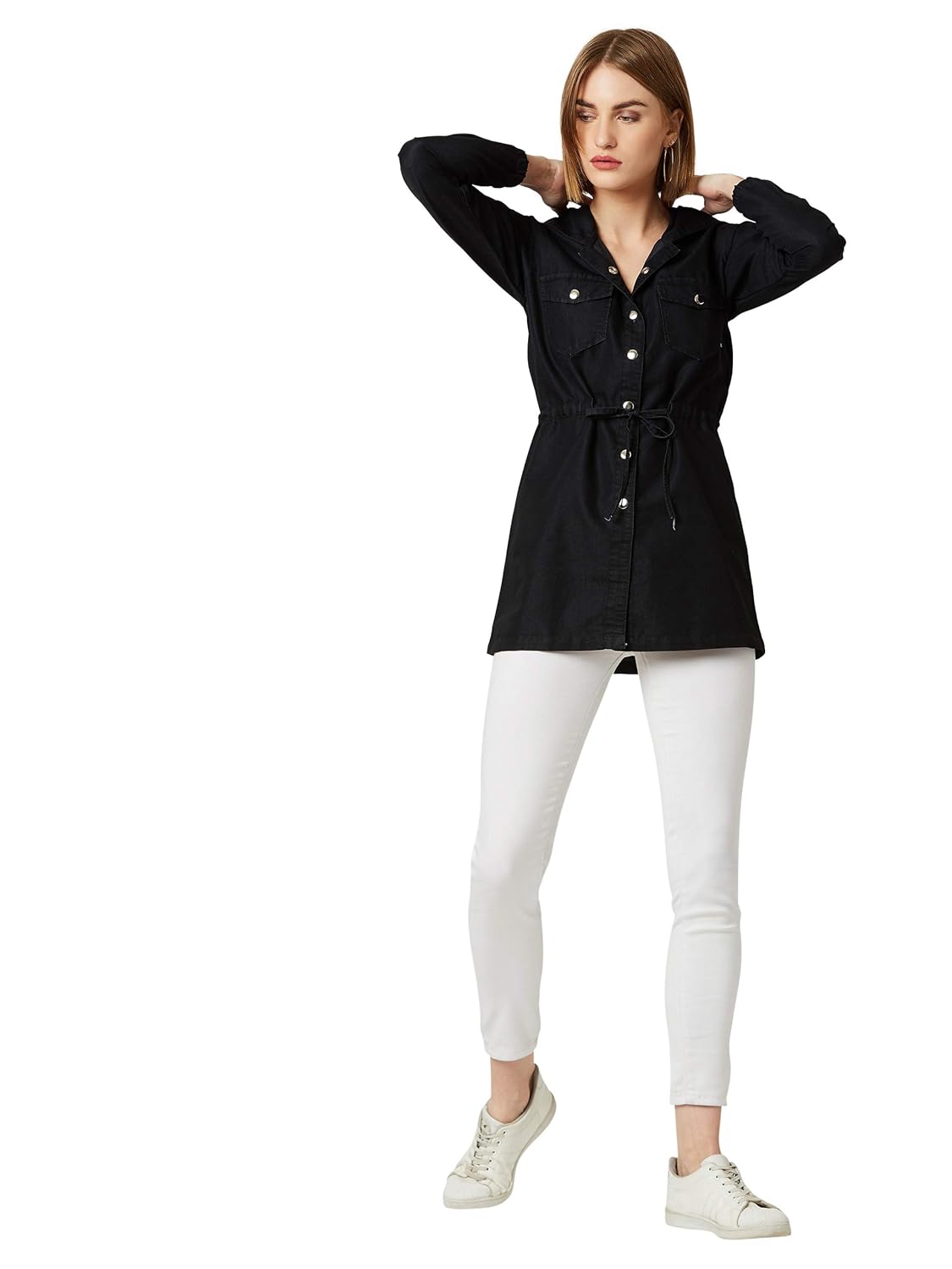 Women's Black Hooded Full Sleeves Solid Tie-Up Detailing Long Denim Jacket - Image 2