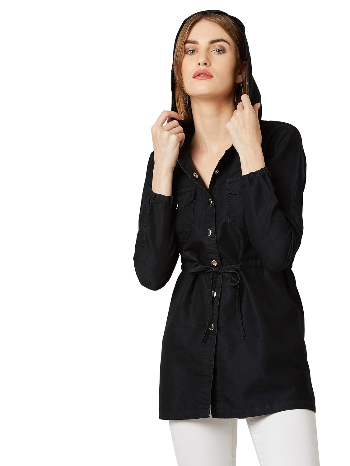 Women's Black Hooded Full Sleeves Solid Tie-Up Detailing Long Denim Jacket