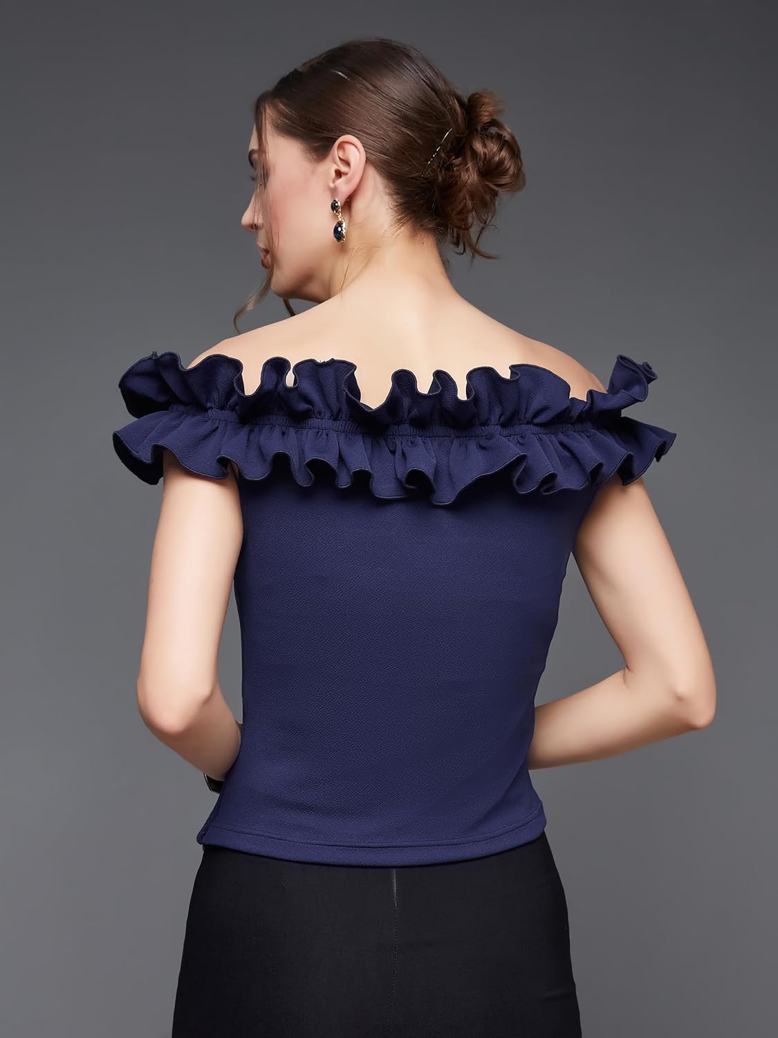 Women's Navy Blue Designer Off Shoulder Sleeveless Solid Slim Fit Ruffled Frilled Gathered Bardot Top - Image 4