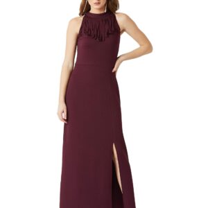 Women's Designer Wine Red Fringed Halter Neck Sleeveless Solid Maxi Front Slit Dress