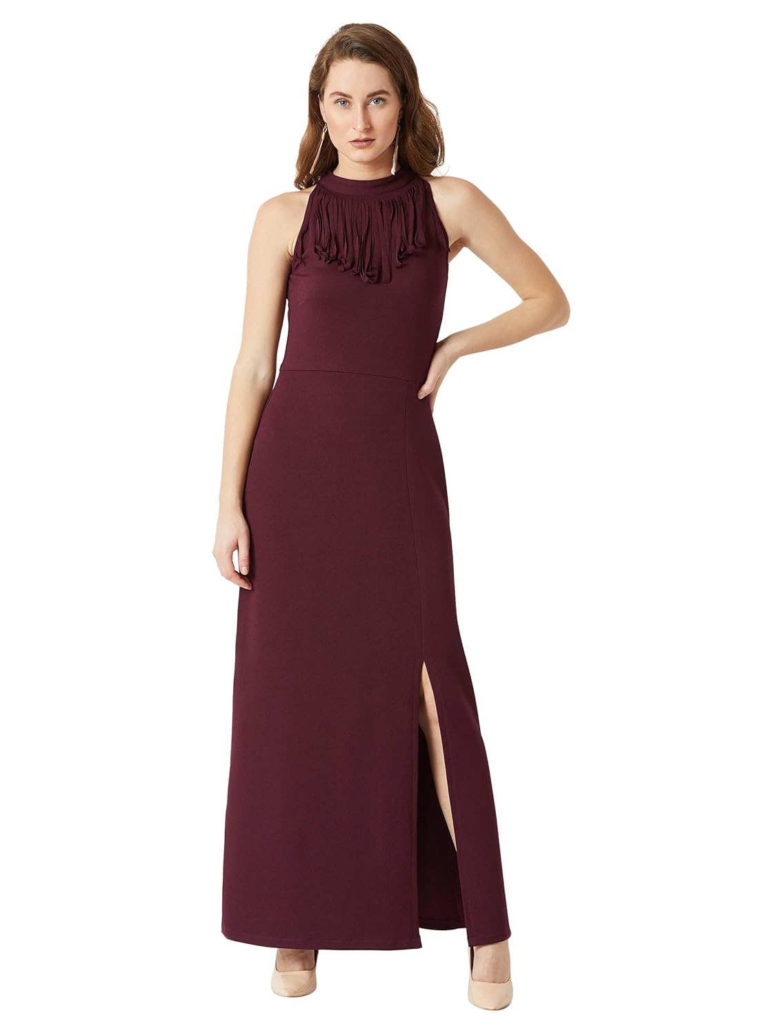 Women's Designer Wine Red Fringed Halter Neck Sleeveless Solid Maxi Front Slit Dress