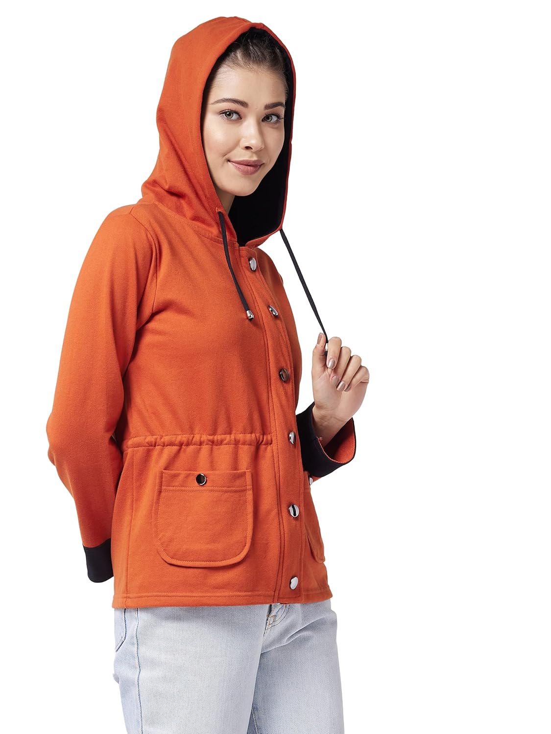 Cotton Women's Multicolor-Base Rust Hooded Full Sleeve Solid Waist Length Tie-Up Regular Jacket - Image 3