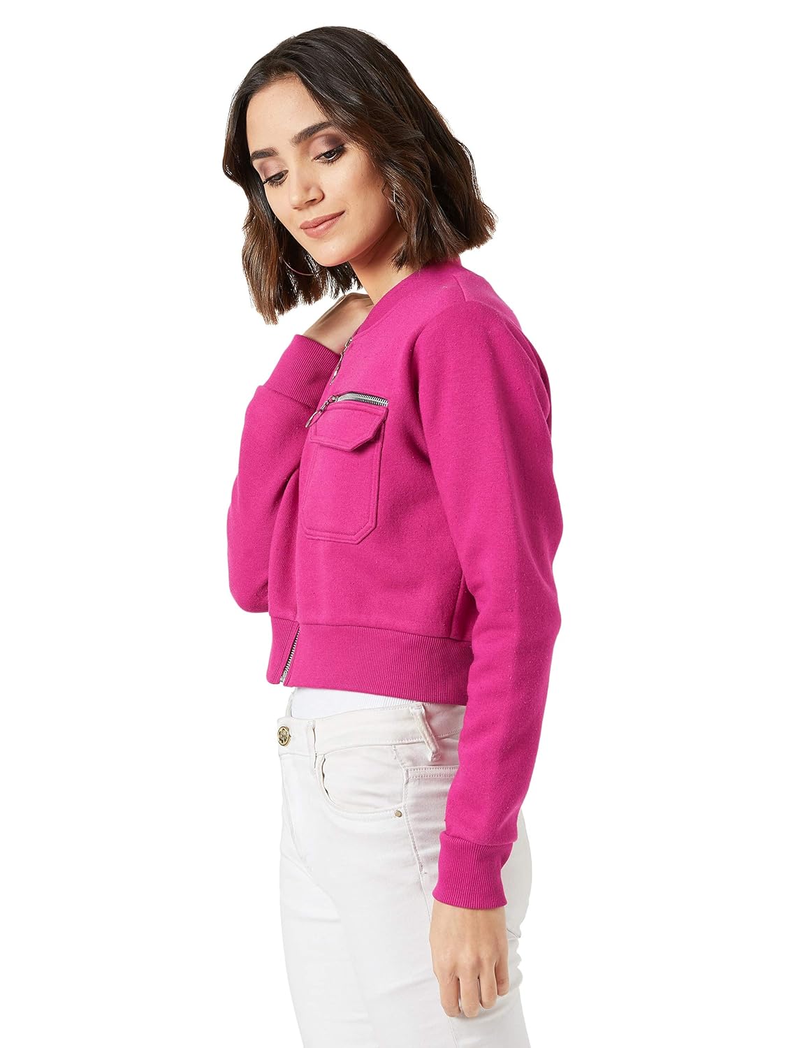Women's Pink Collared Full Sleeves Bomber Cropped Jacket - Image 3