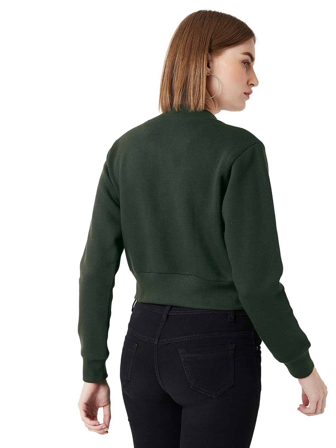 Women's Grey Collared Full Sleeves Solid Bomber Cropped Jacket - Image 4