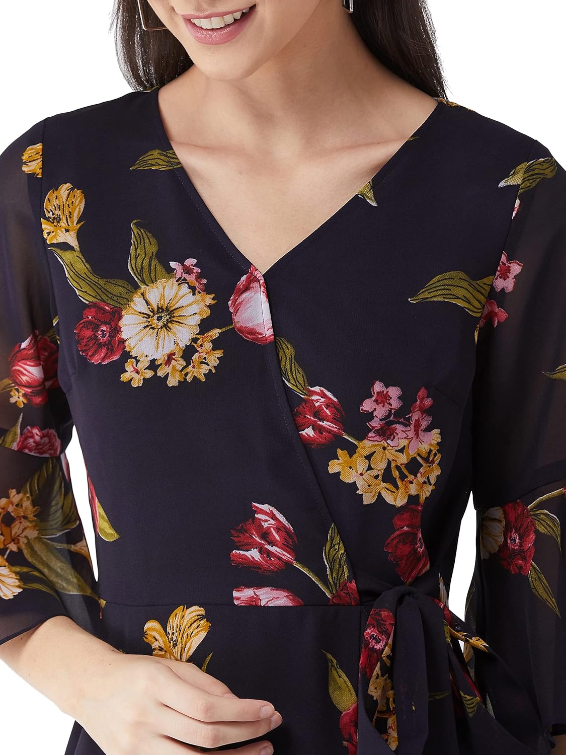 Women's Multicolored- Base- Navy Blue V Neck 3/4th Sleeve Floral Ruffled Maxi Dress - Image 5
