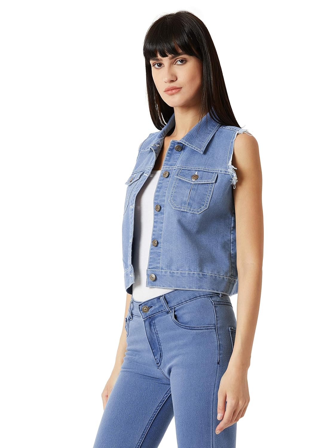 Women's Light Blue Polo Neck Sleeveless Denim Solid Buttoned Ice Wash Raw Edge Detailing Crop Denim Jacket - Image 3