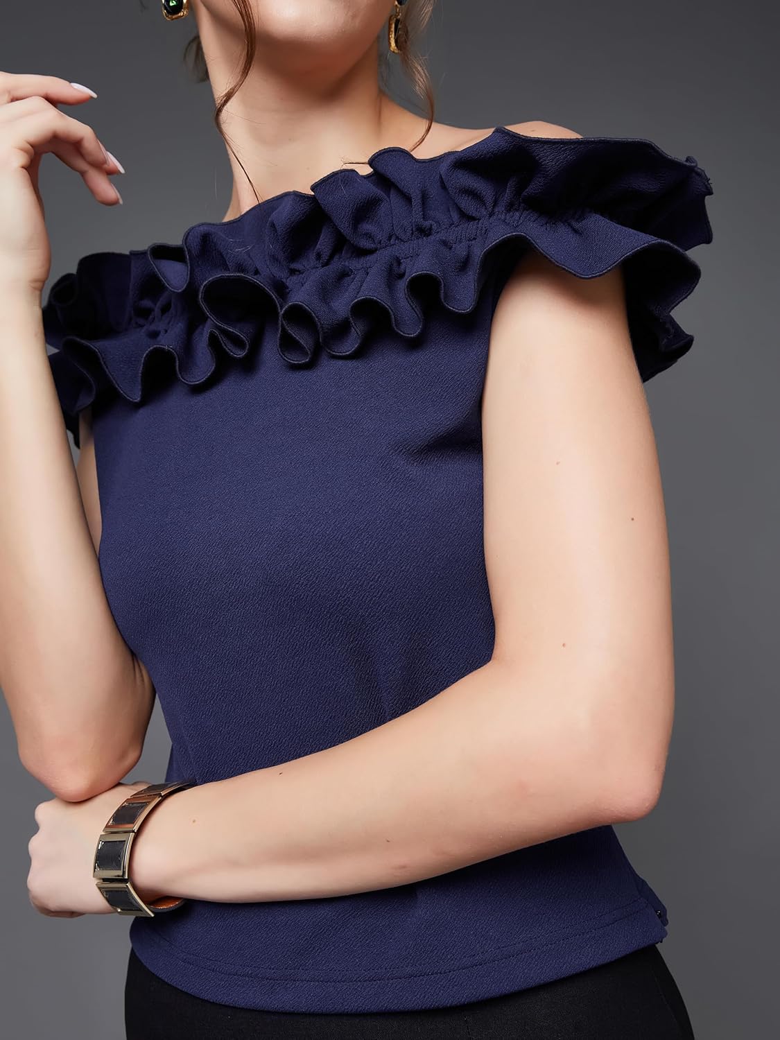 Women's Navy Blue Designer Off Shoulder Sleeveless Solid Slim Fit Ruffled Frilled Gathered Bardot Top - Image 5