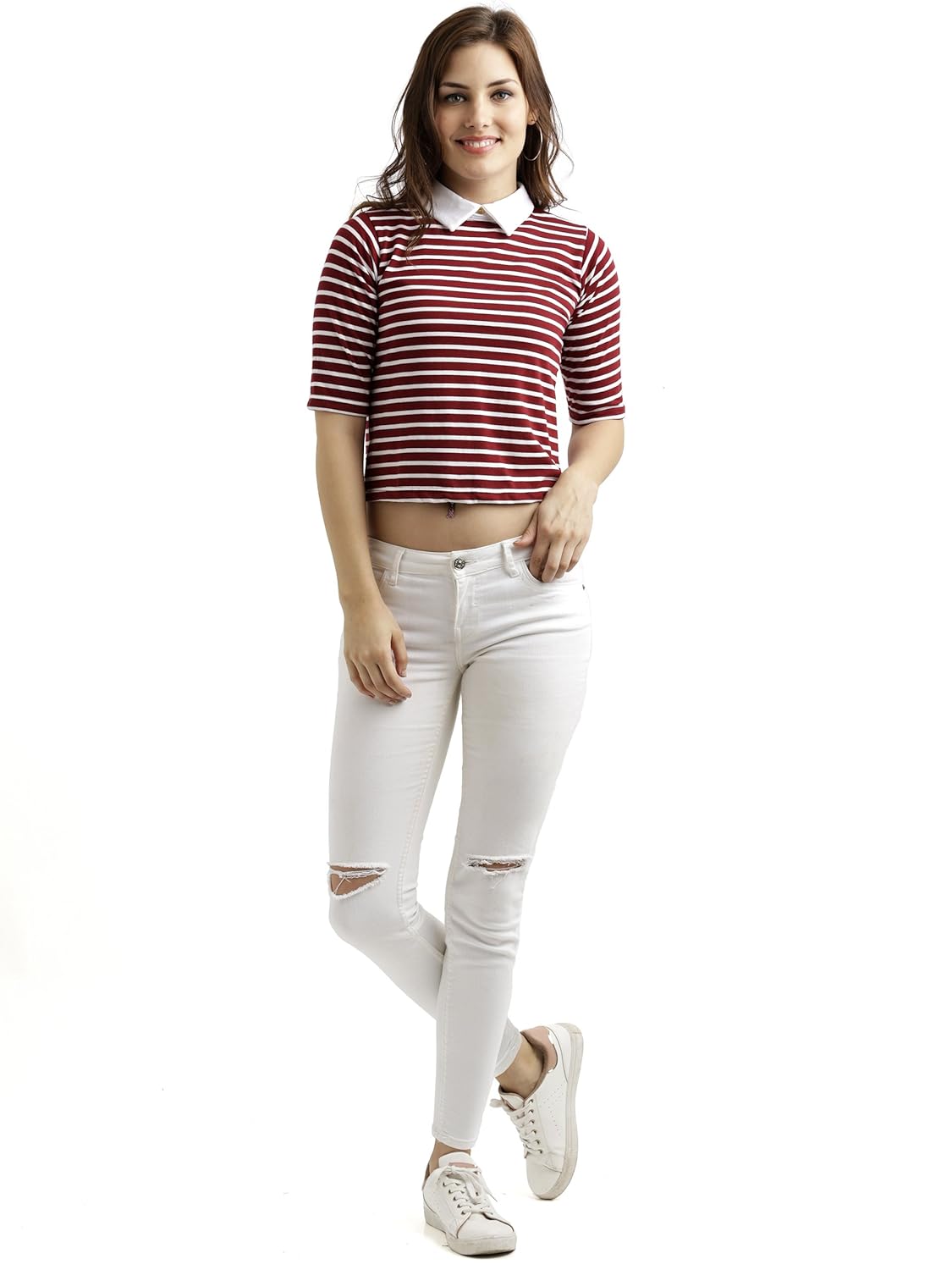 Women's Maroon and White Half Sleeves Round Neck Striped Crop Top - Image 7