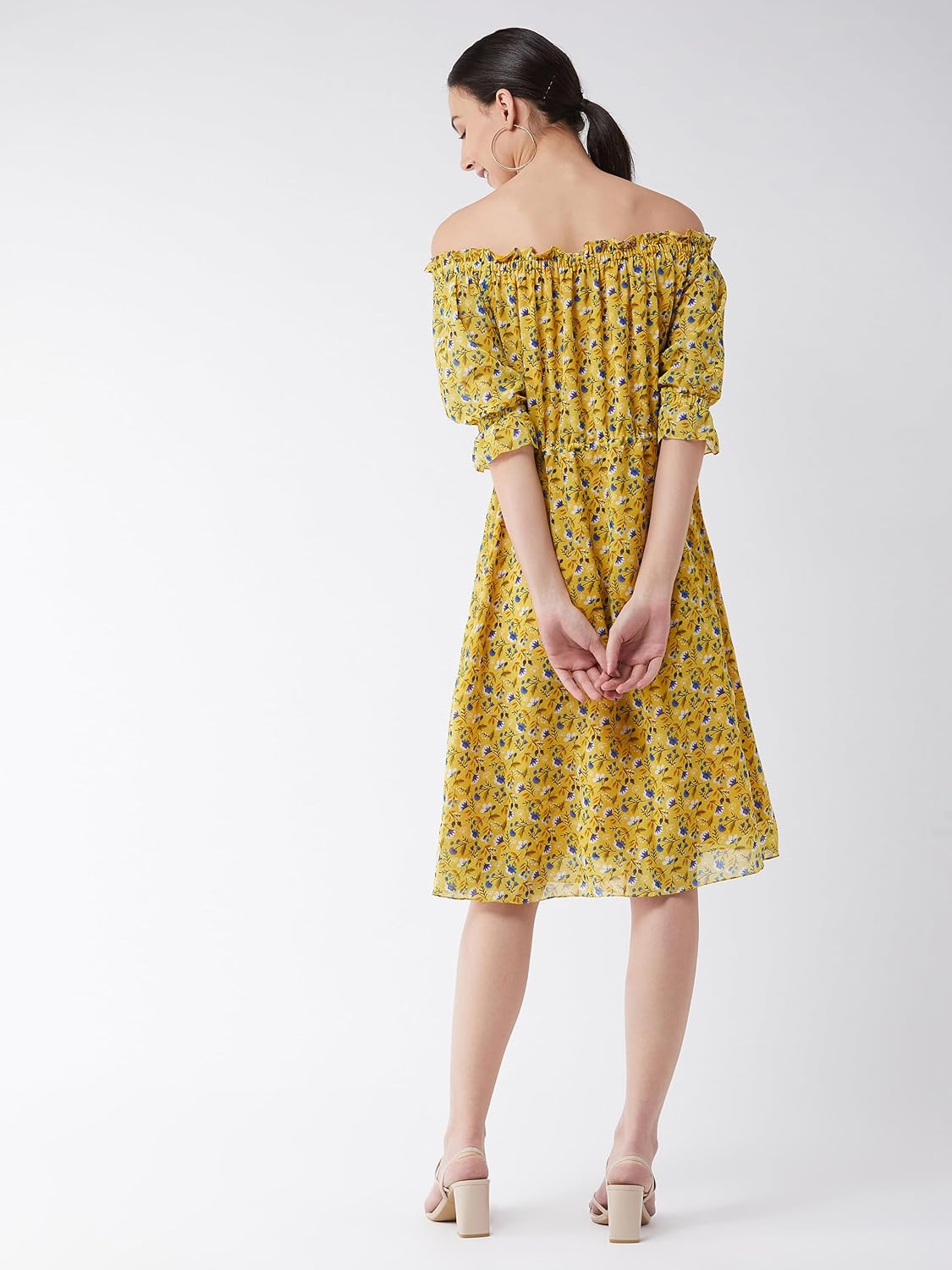 Miss Women's Floral Printed Georgette Regular Fit Off-Shoulder Half Sleeves Knee-Long Length Knee-Length Dress With Drawstring Closure - Image 3