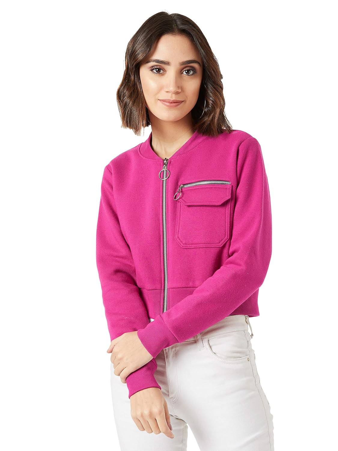 Women's Pink Collared Full Sleeves Bomber Cropped Jacket
