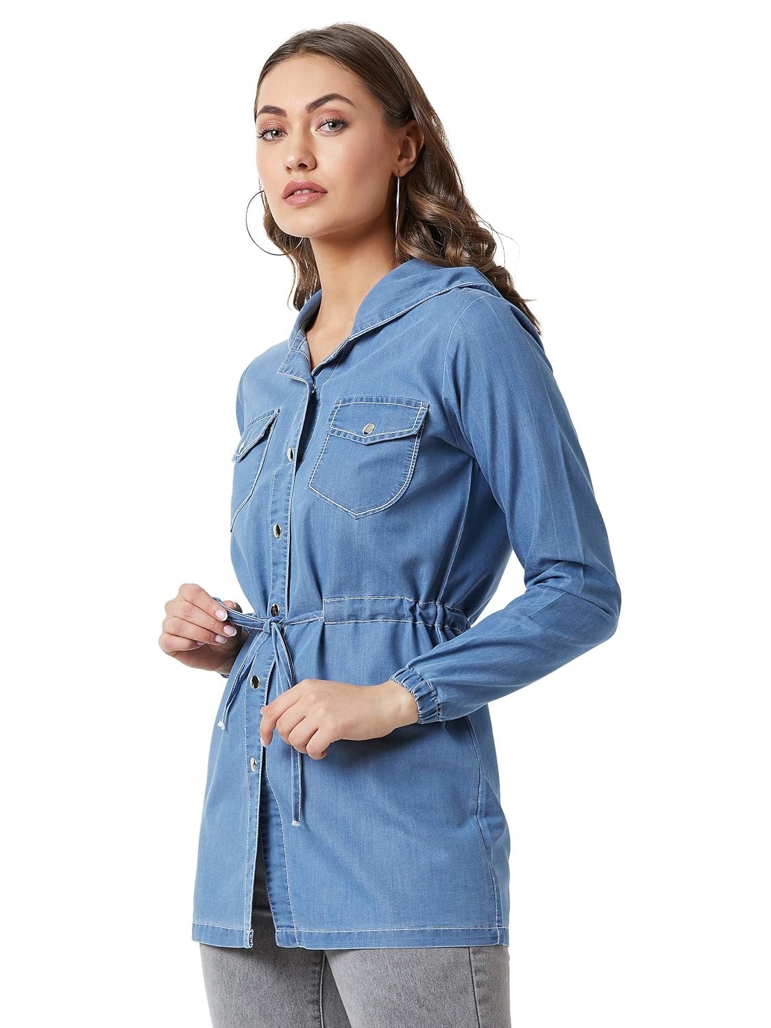 Women's Black Hooded Full Sleeves Solid Tie-Up Detailing Long Denim Jacket - Image 8