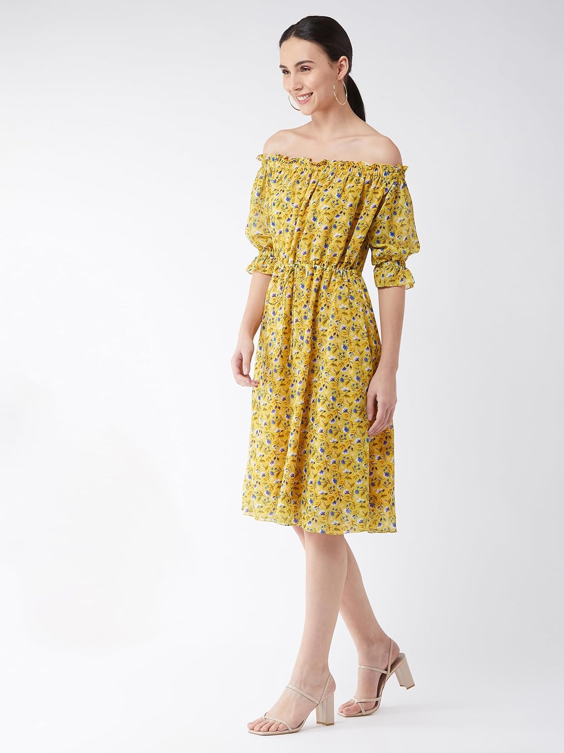 Miss Women's Floral Printed Georgette Regular Fit Off-Shoulder Half Sleeves Knee-Long Length Knee-Length Dress With Drawstring Closure - Image 2
