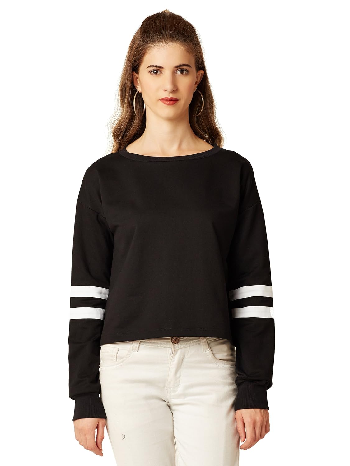 Women's Multicolored Round Neck Full Sleeves Solid Paneled Boxy Fit Top - Image 9