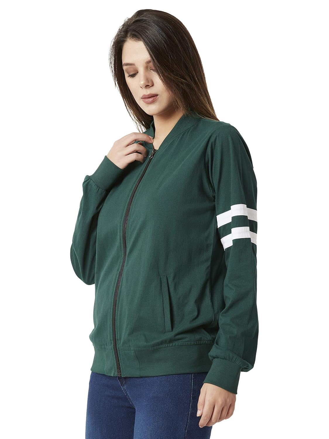 Women's Green Cotton Bomber Jacket - Image 8