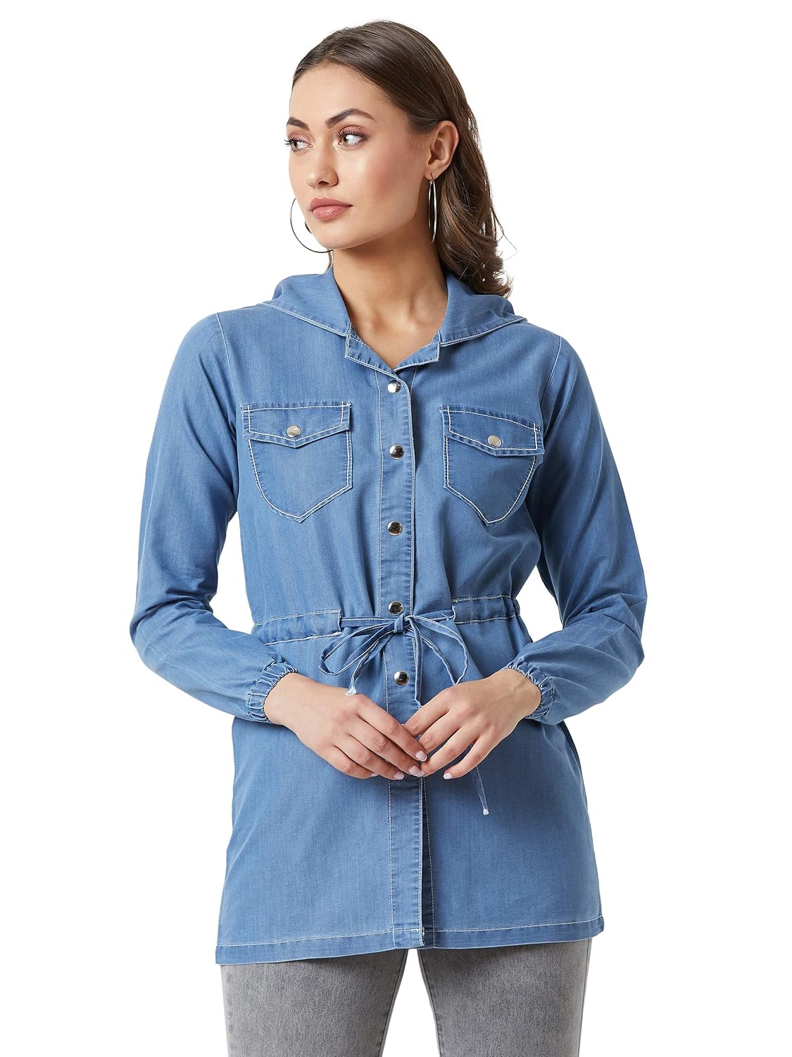 Women's Black Hooded Full Sleeves Solid Tie-Up Detailing Long Denim Jacket - Image 10