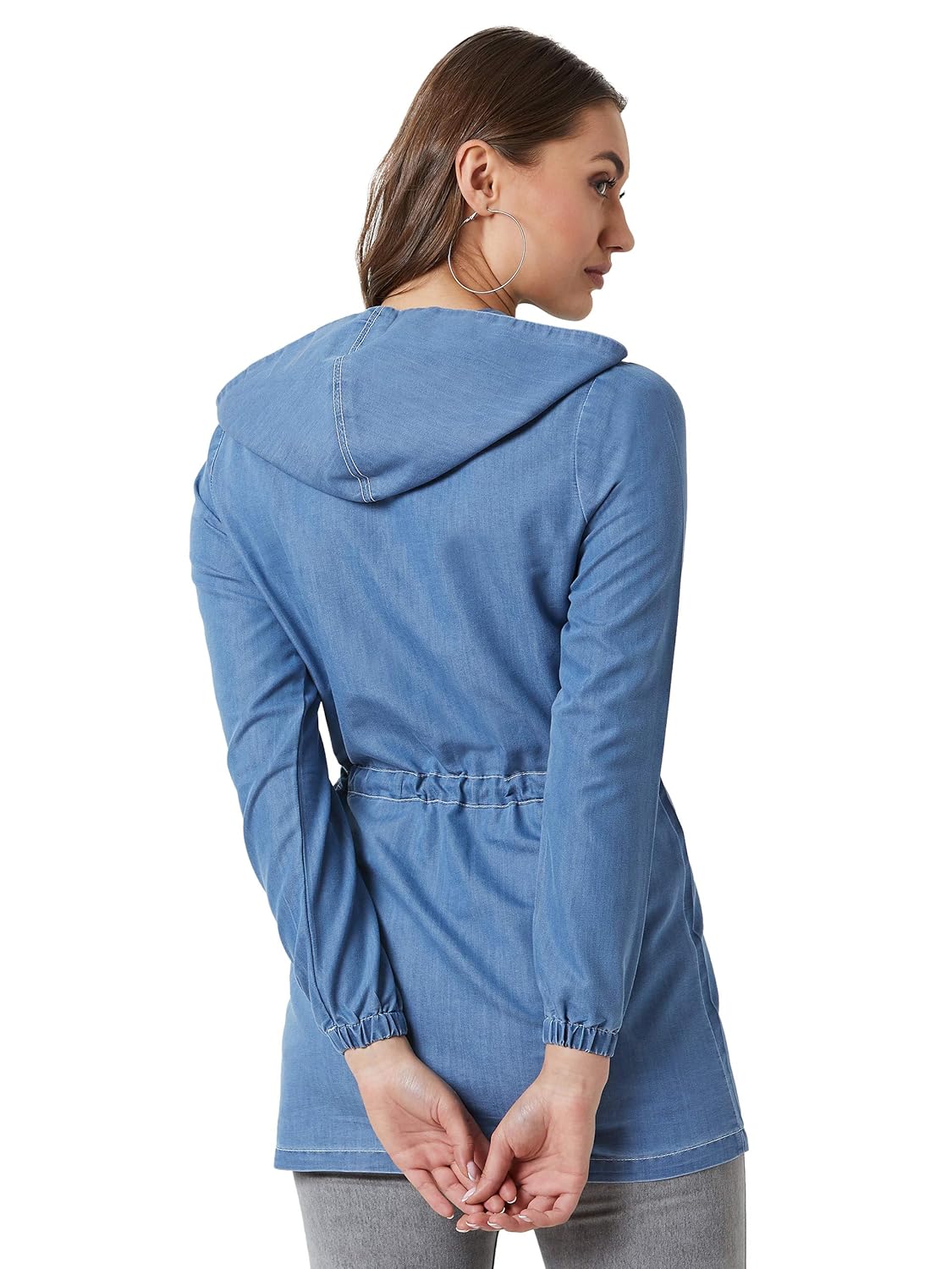 Women's Black Hooded Full Sleeves Solid Tie-Up Detailing Long Denim Jacket - Image 11