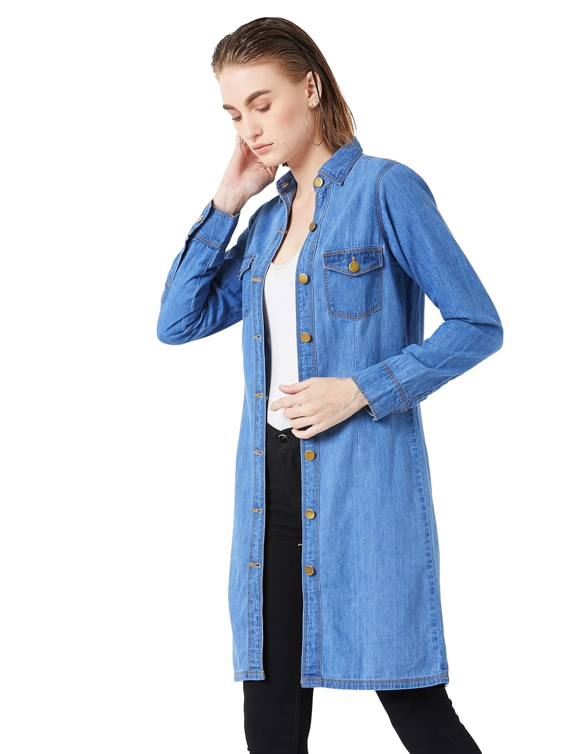 Women's Blue Denim Collar Neck Long Shrug - Image 3