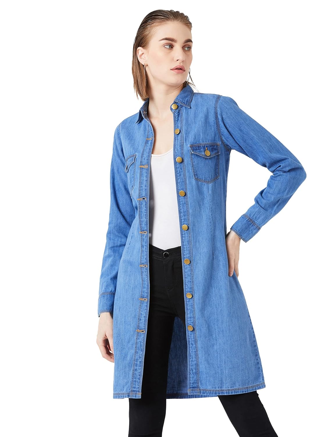 Women's Blue Denim Collar Neck Long Shrug