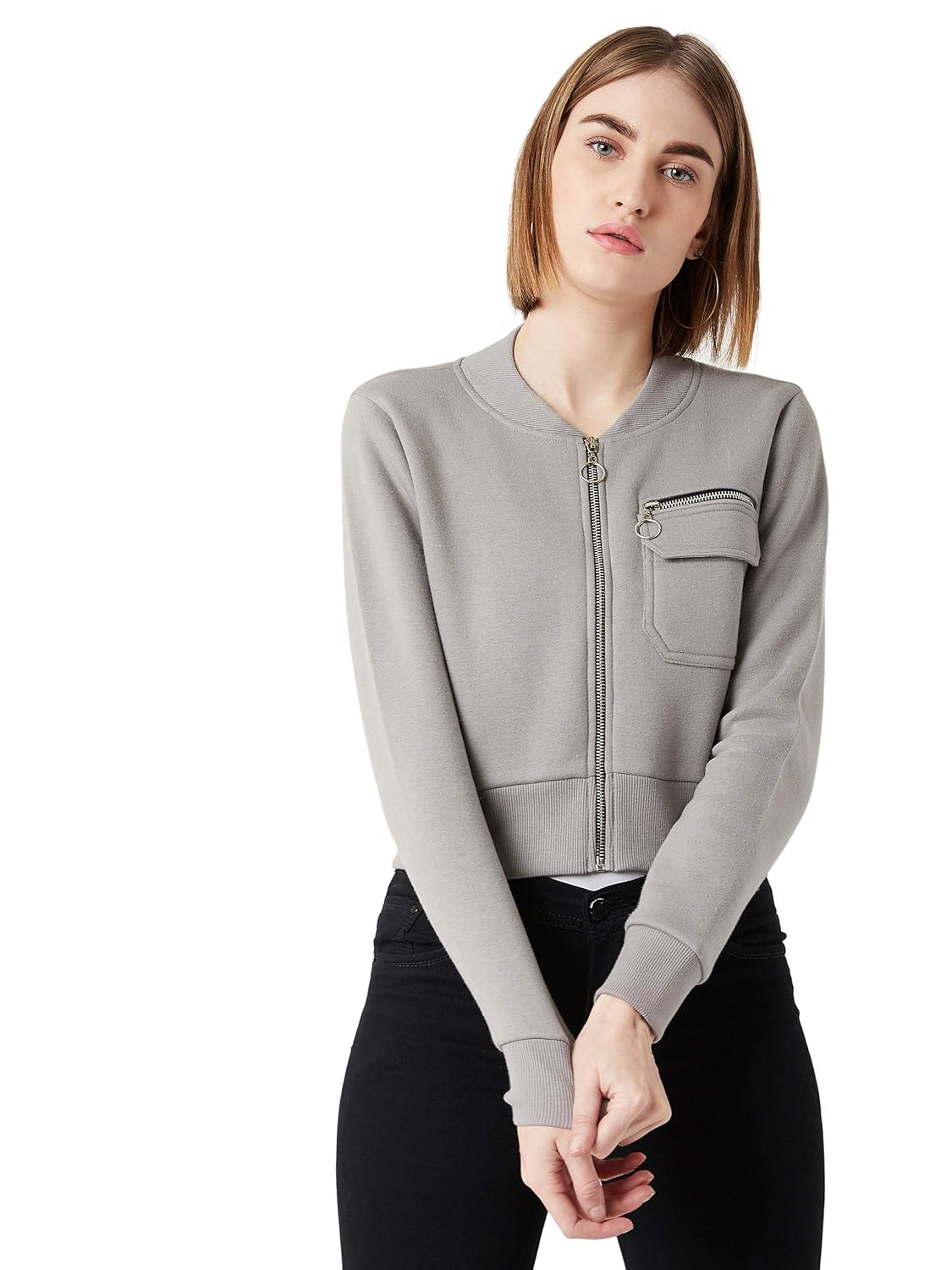Women's Grey Collared Full Sleeves Solid Bomber Cropped Jacket - Image 8