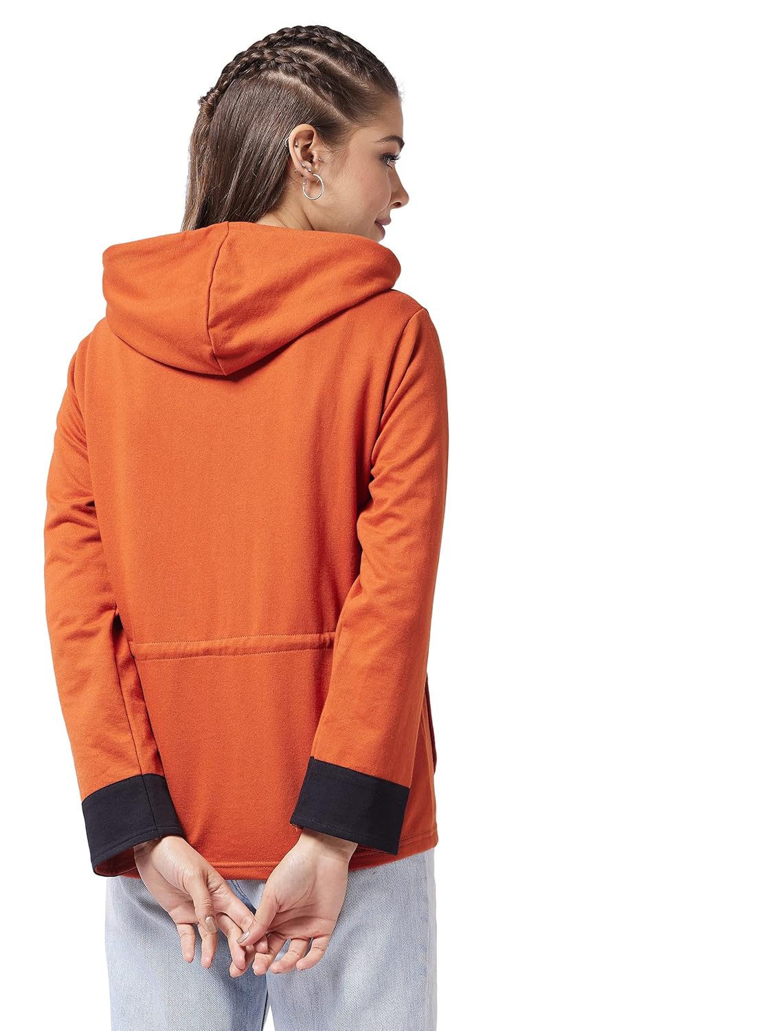 Cotton Women's Multicolor-Base Rust Hooded Full Sleeve Solid Waist Length Tie-Up Regular Jacket - Image 4