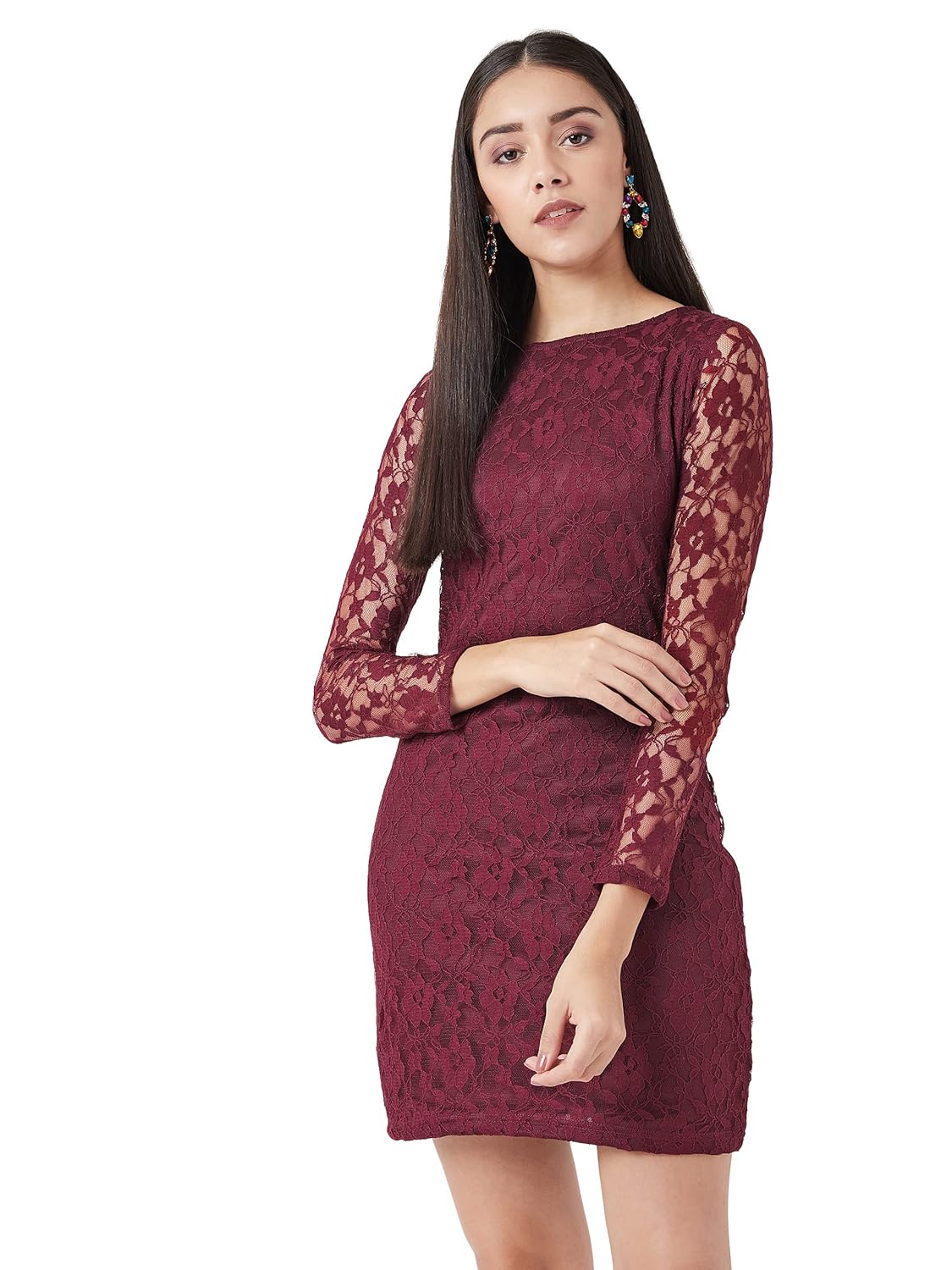 Women's Maroon Round Neck Full Sleeves Lace Bodycon Mini Dress