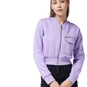 Women's Lavender Round Neck Full Sleeve Cotton Solid Bomber Crop Jacket