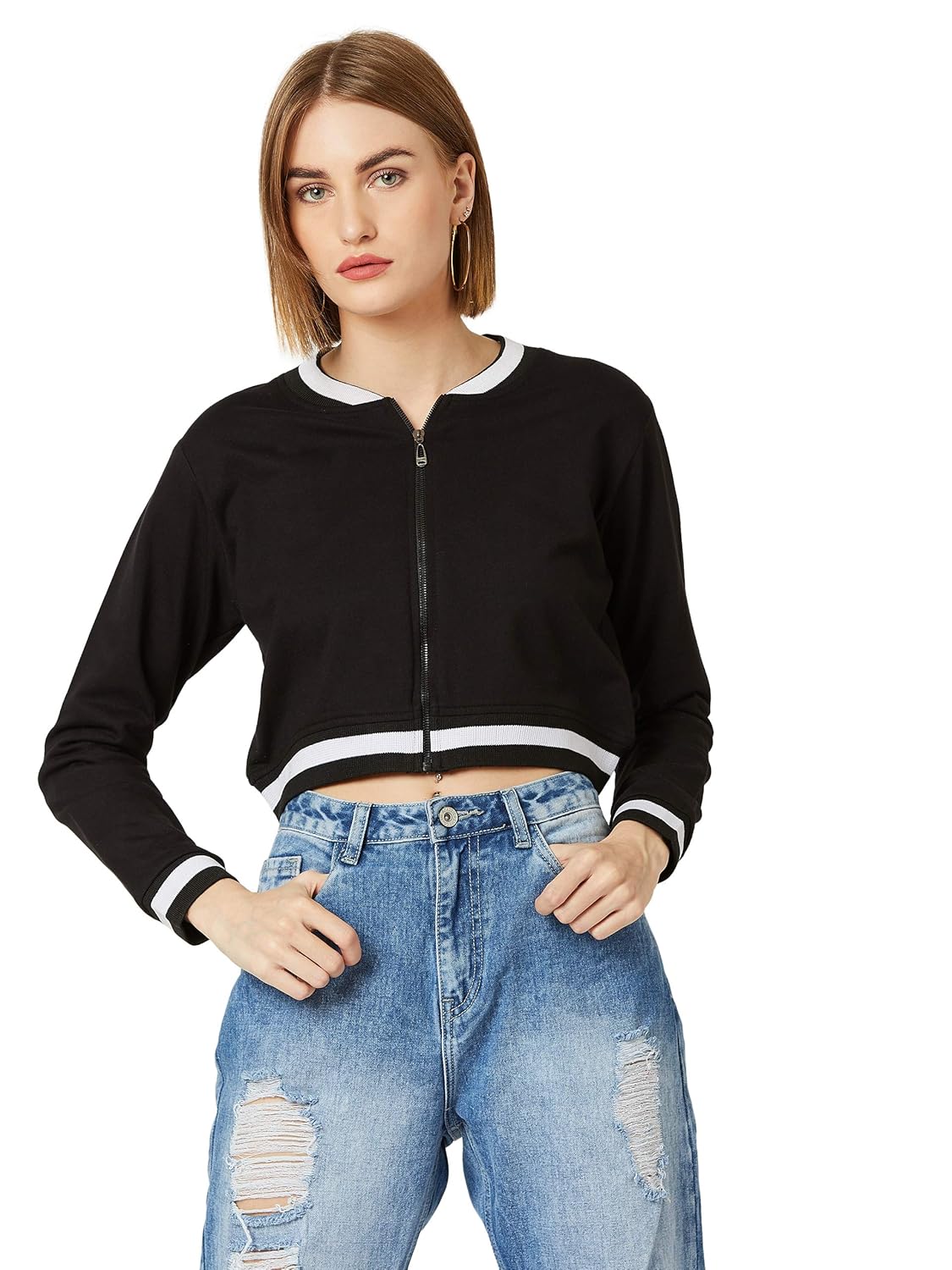 Women's Off White V-Neck Full Sleeves Bomber Cropped Jacket - Image 3