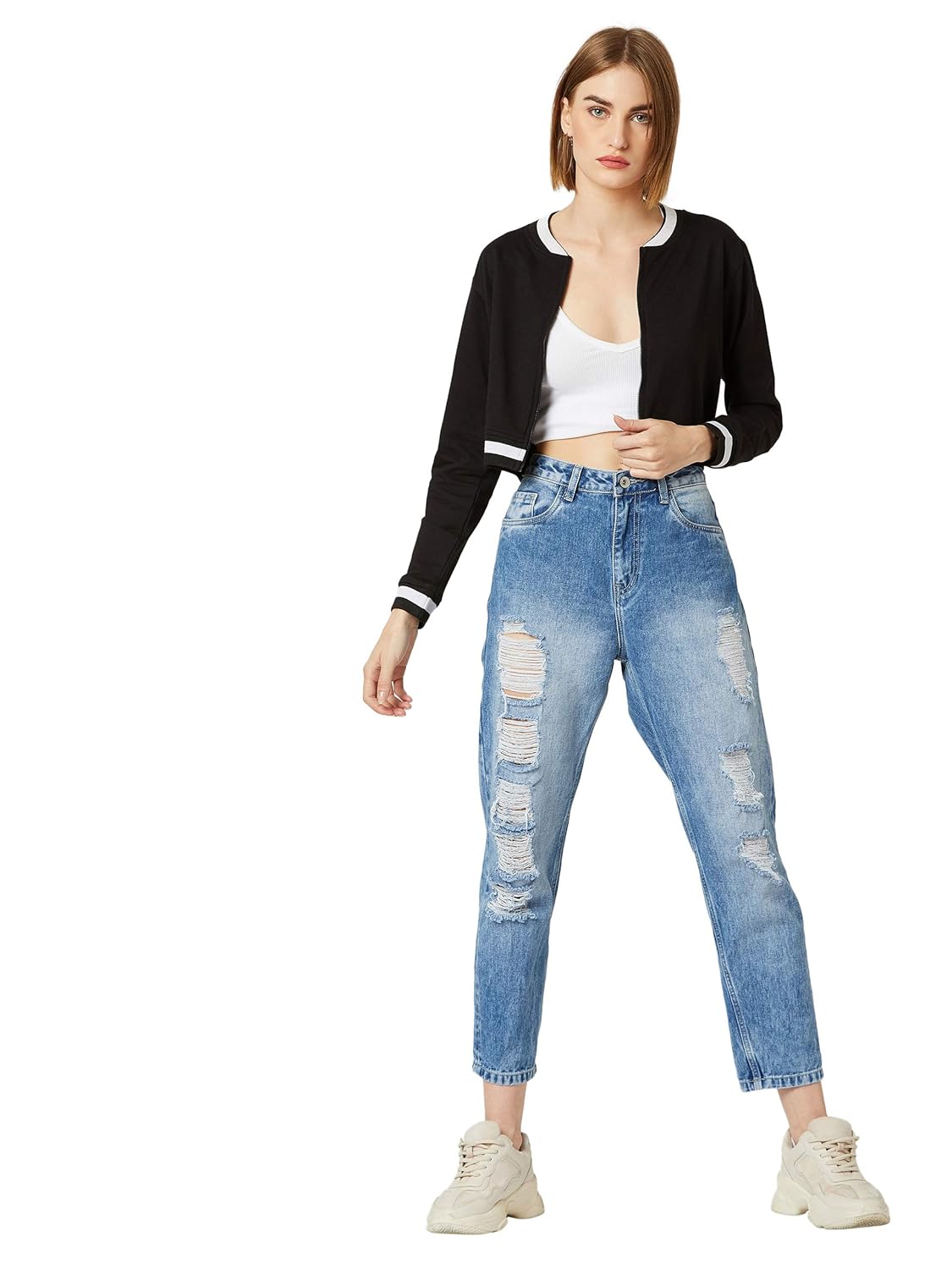 Women's Off White V-Neck Full Sleeves Bomber Cropped Jacket - Image 2