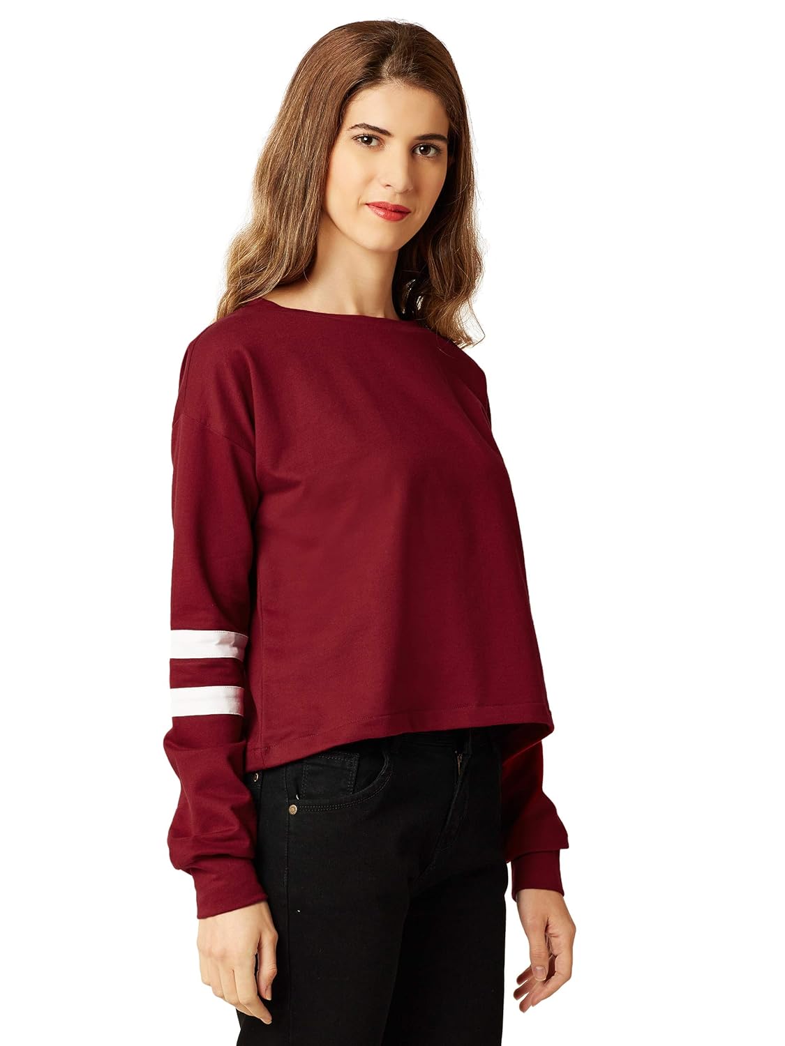 Women's Multicolored Round Neck Full Sleeves Solid Paneled Boxy Fit Top - Image 3