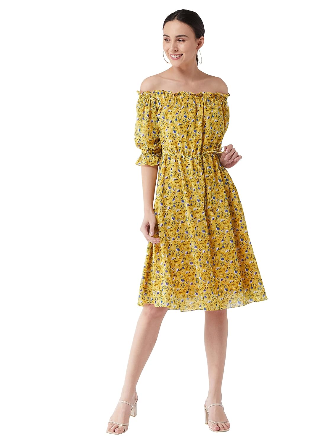 Miss Women's Floral Printed Georgette Regular Fit Off-Shoulder Half Sleeves Knee-Long Length Knee-Length Dress With Drawstring Closure