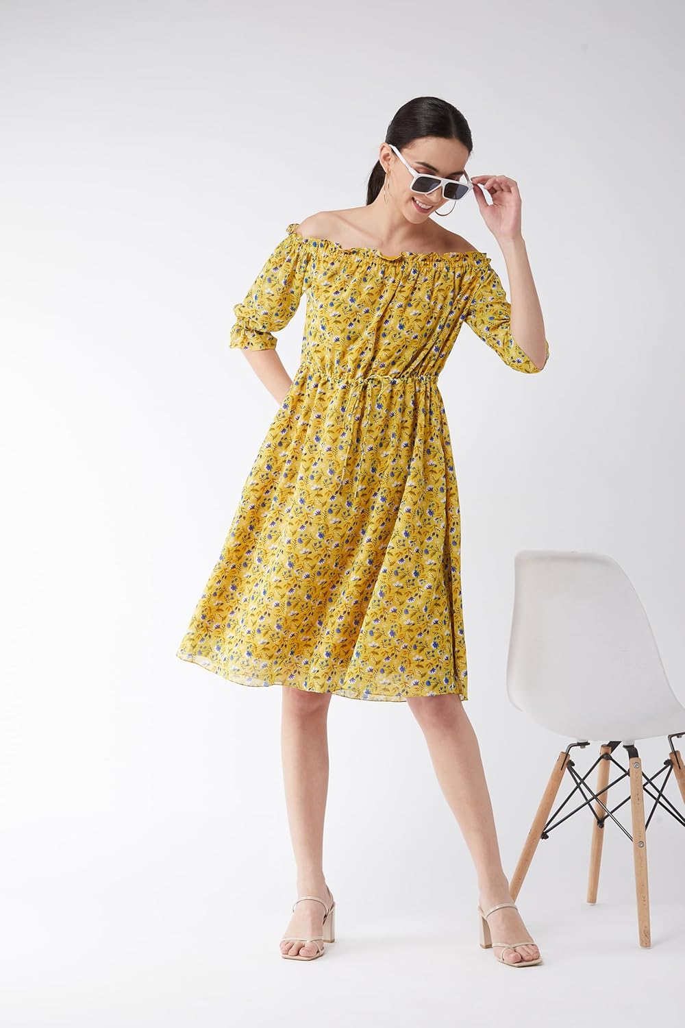 Miss Women's Floral Printed Georgette Regular Fit Off-Shoulder Half Sleeves Knee-Long Length Knee-Length Dress With Drawstring Closure - Image 6