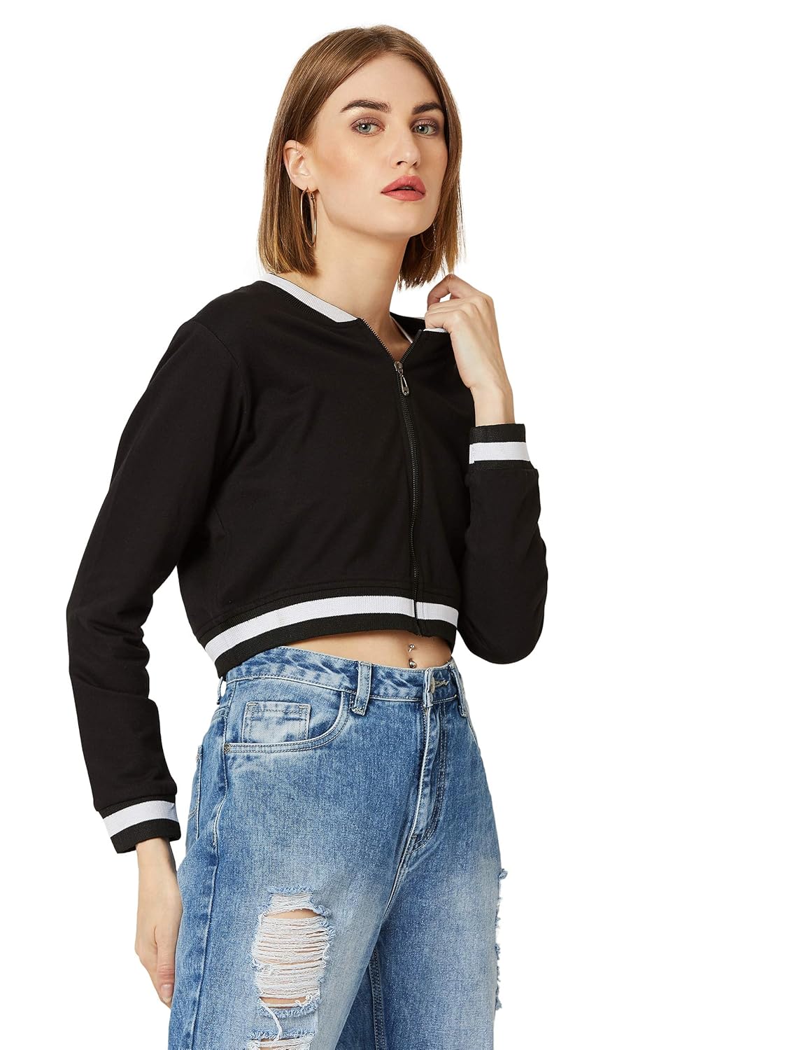 Women's Off White V-Neck Full Sleeves Bomber Cropped Jacket
