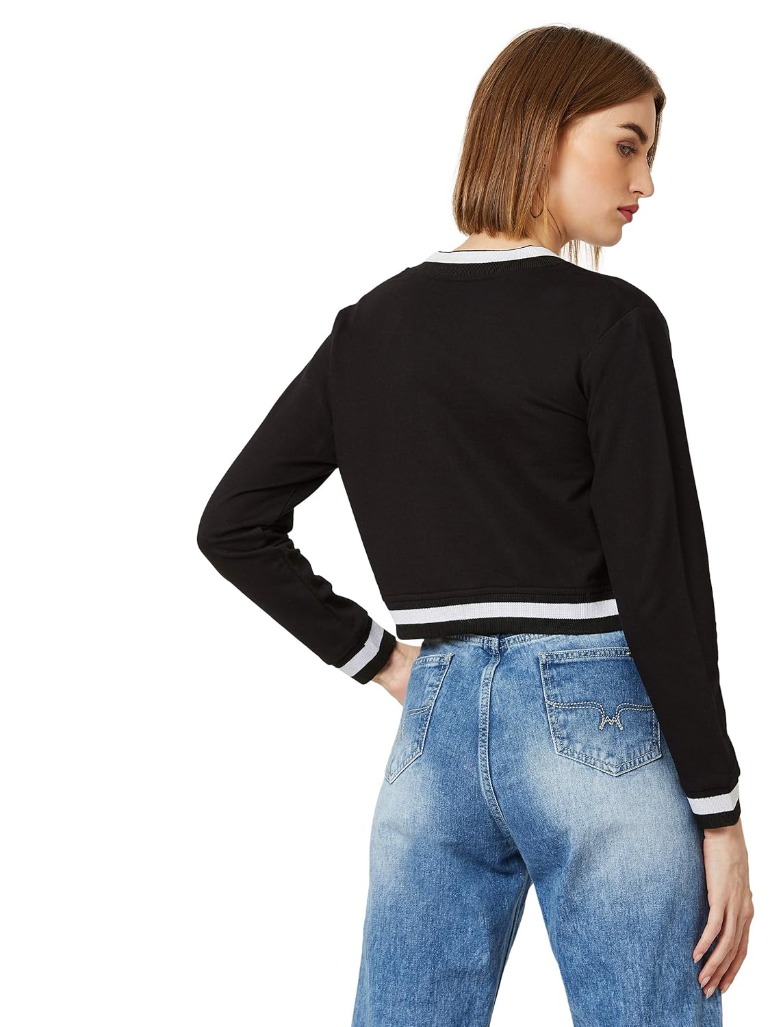 Women's Off White V-Neck Full Sleeves Bomber Cropped Jacket - Image 4