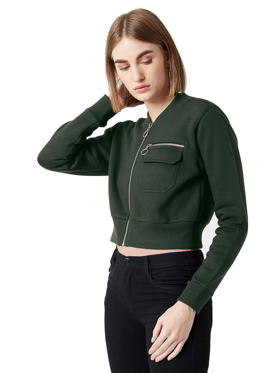 Women's Grey Collared Full Sleeves Solid Bomber Cropped Jacket - Image 3