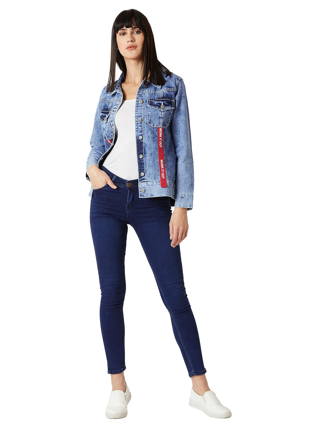 Women's Light Blue Collared Full Sleeve Buttoned Twill Tape Detailing Solid Denim Jacket - Image 2
