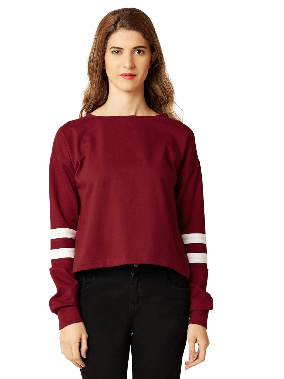 Women's Multicolored Round Neck Full Sleeves Solid Paneled Boxy Fit Top
