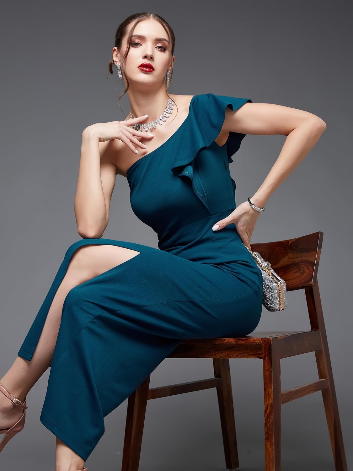 Women's Solid One Shoulder Sleeveless Ruffled Maxi Dress - Image 18