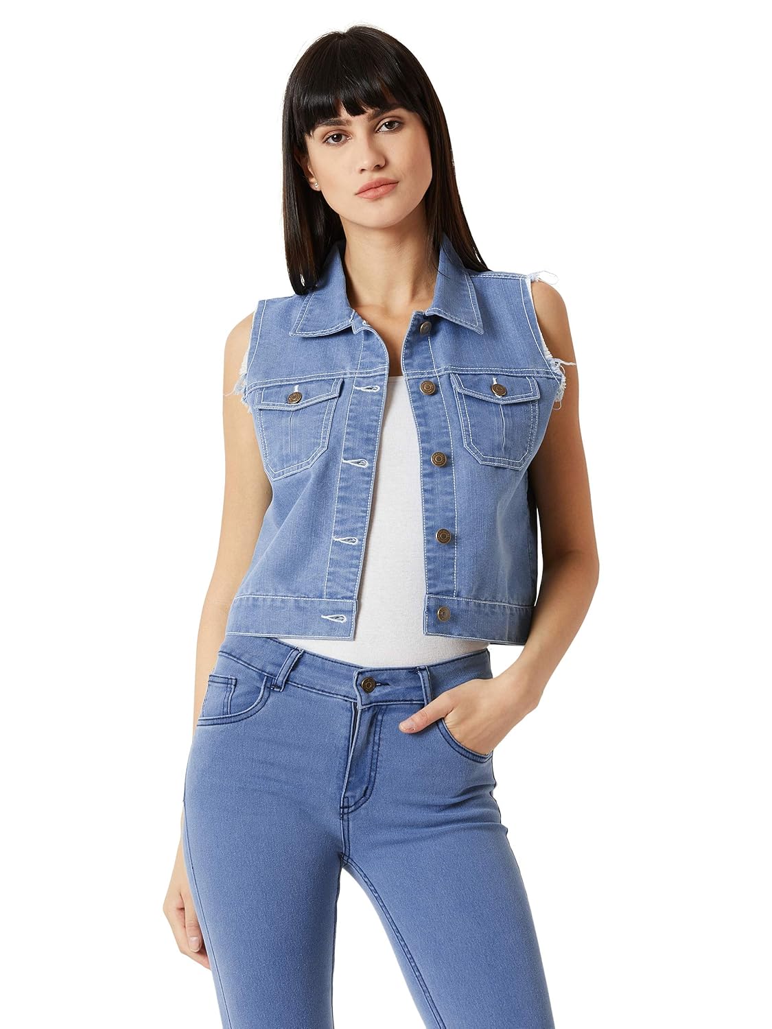 Women's Light Blue Polo Neck Sleeveless Denim Solid Buttoned Ice Wash Raw Edge Detailing Crop Denim Jacket