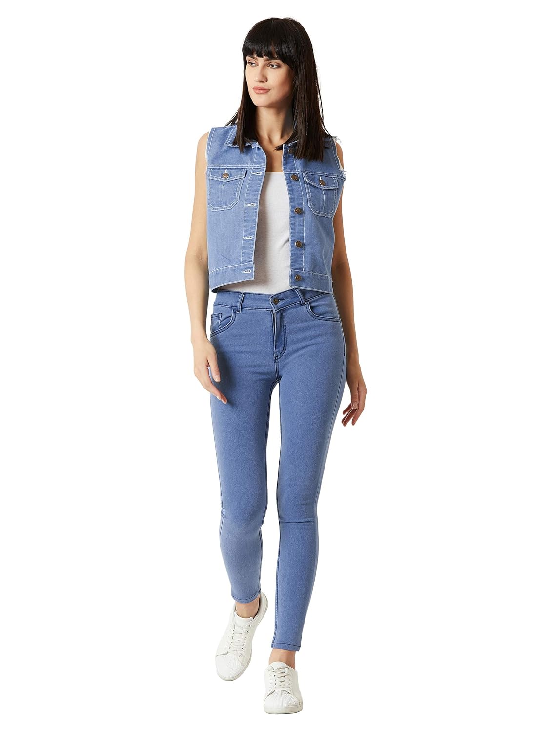 Women's Light Blue Polo Neck Sleeveless Denim Solid Buttoned Ice Wash Raw Edge Detailing Crop Denim Jacket - Image 2