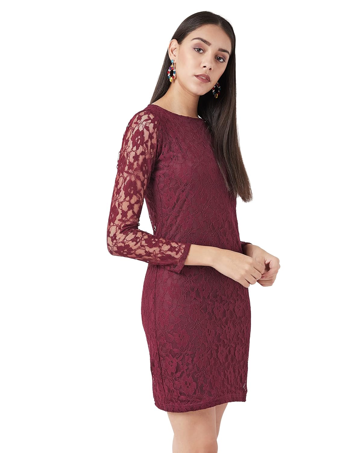 Women's Maroon Round Neck Full Sleeves Lace Bodycon Mini Dress - Image 3