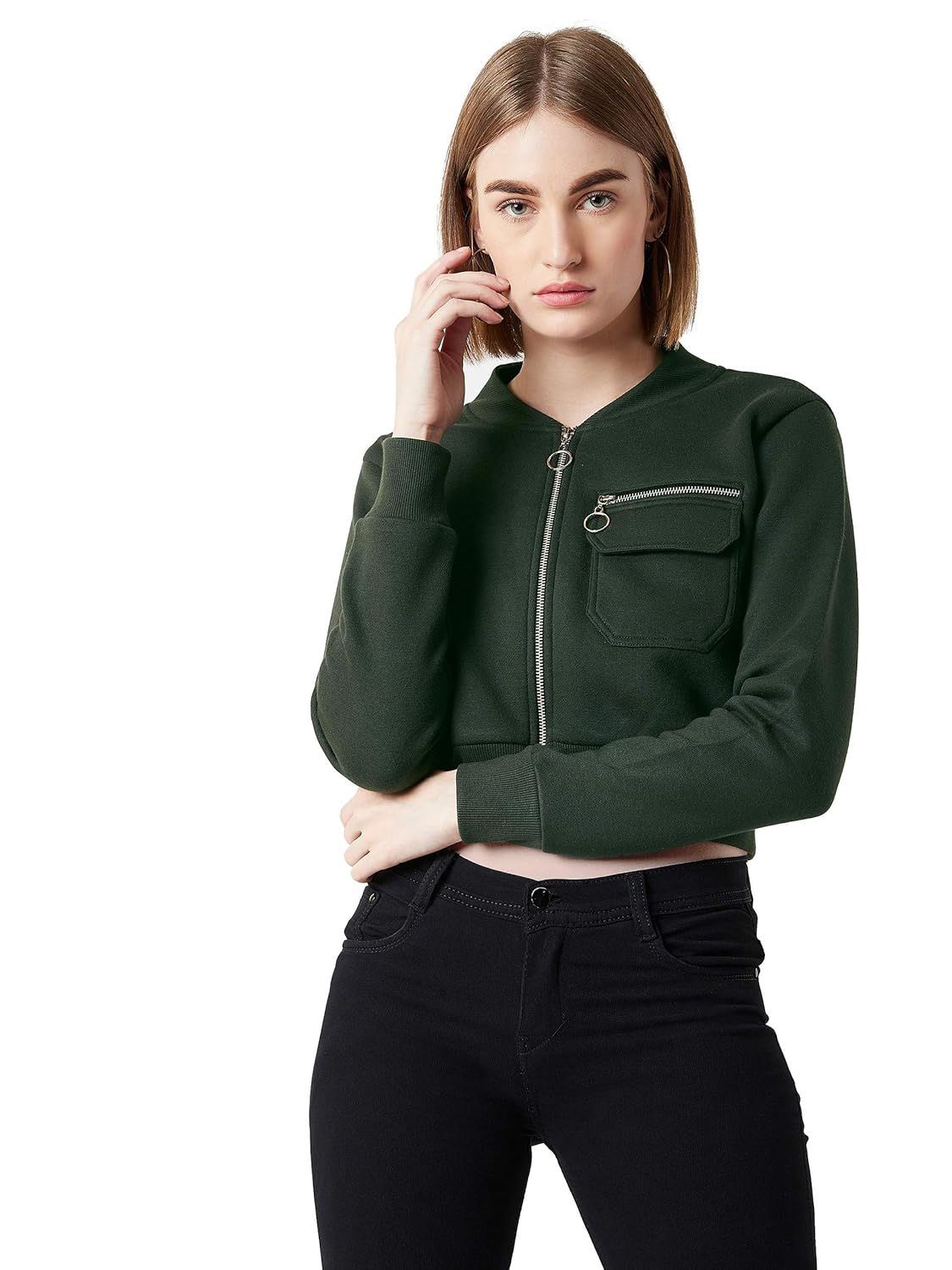 Women's Grey Collared Full Sleeves Solid Bomber Cropped Jacket