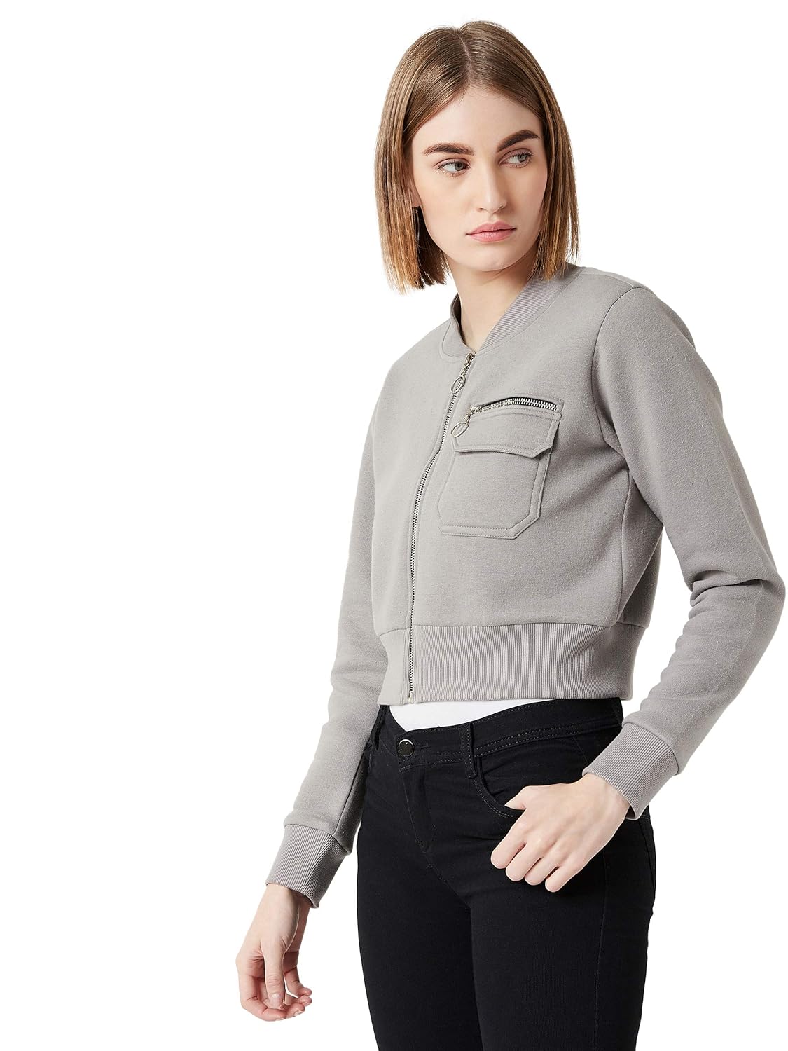 Women's Grey Collared Full Sleeves Solid Bomber Cropped Jacket - Image 3