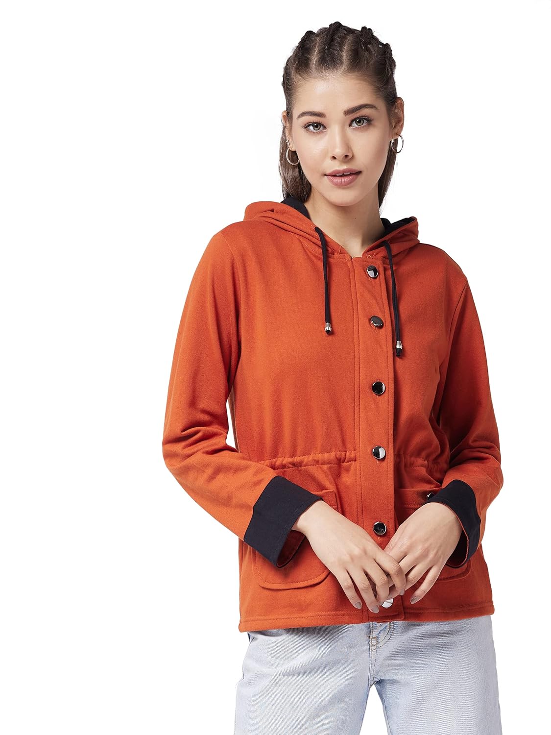 Cotton Women's Multicolor-Base Rust Hooded Full Sleeve Solid Waist Length Tie-Up Regular Jacket